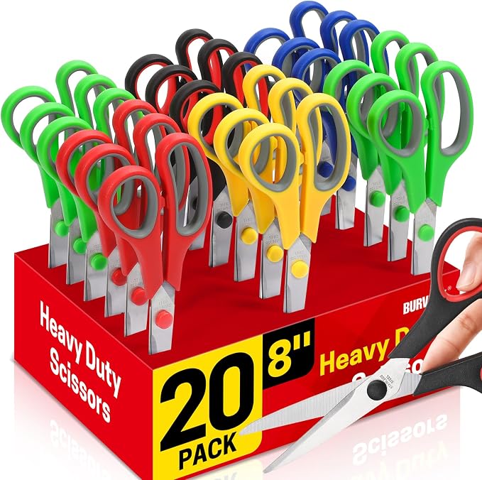 BURVAGY 20 Pack 8" Scissors All Purpose, Heavy Duty Scissors for Office | Scissors Bulk Multipurpose Comfort-Grip Sharp Adult Office Scissors Set Sewing Fabric Stainless Steel Blades, Right/Left Hand