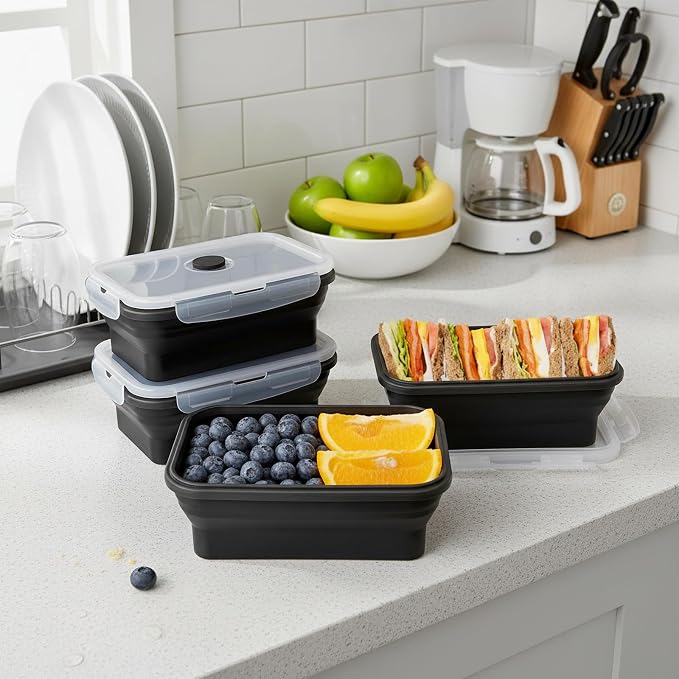 Collapsible Silicone Food Storage Containers Set with Lid & Air Vent,Foldable Lunch Containers(4PCS,Black,27oz)