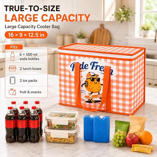 2Pk Insulated Reusable Grocery Bags, Collapsible Cooler Bag for Groceries, Heavy Duty Large Insulated Bag 16''x9''x13'',