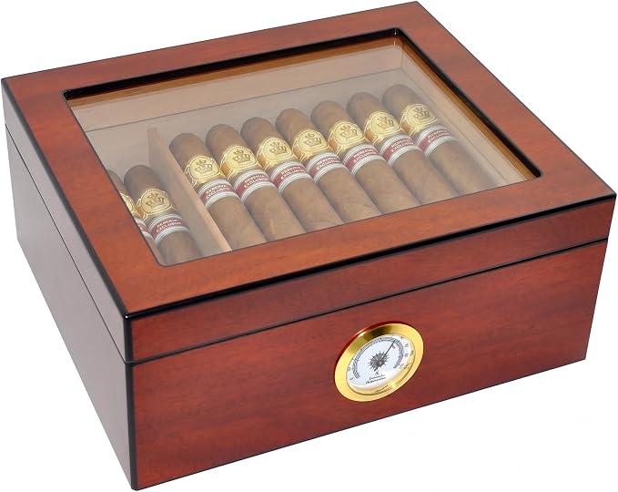 Premium Spanish Cedar Cigar Humidor – 25-50 Cuba Cigar Capacity, Sapele Cherry Finish Cigar Storage Box, Glass Top, Built-In Hygrometer & Humidifier – 10.25" W x 8.75" D x 4.5" H