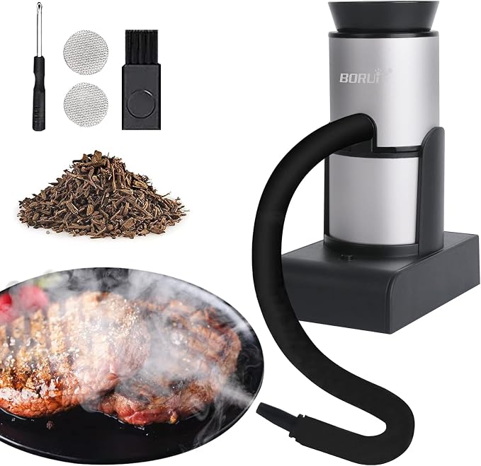 BORUiT SK305 Smoking Gun, Portable Handheld Smoke Infuser,Cocktail Smoker, Food Smoker Kit for Any Meat Cocktail Cheese BBQ Steak Beef, Sausage, Vegetable Salad,Drinks,Smoking Accessories (Silver)