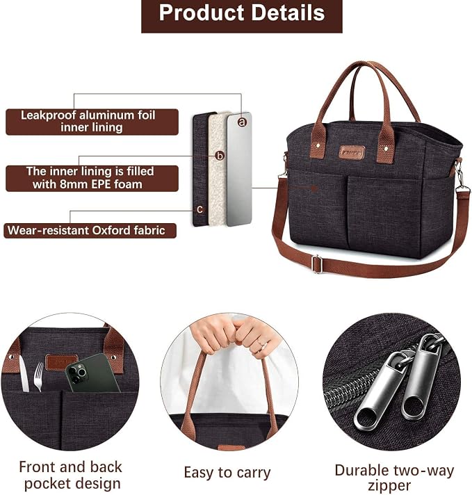 Lunch Bags for Women Insulated Thermal Lunch Tote Bag with Shoulder Strap Upgrade Large Lunch Box Container Drinks Holder for Adults Men Work Picnic Beach Park, Dark Black