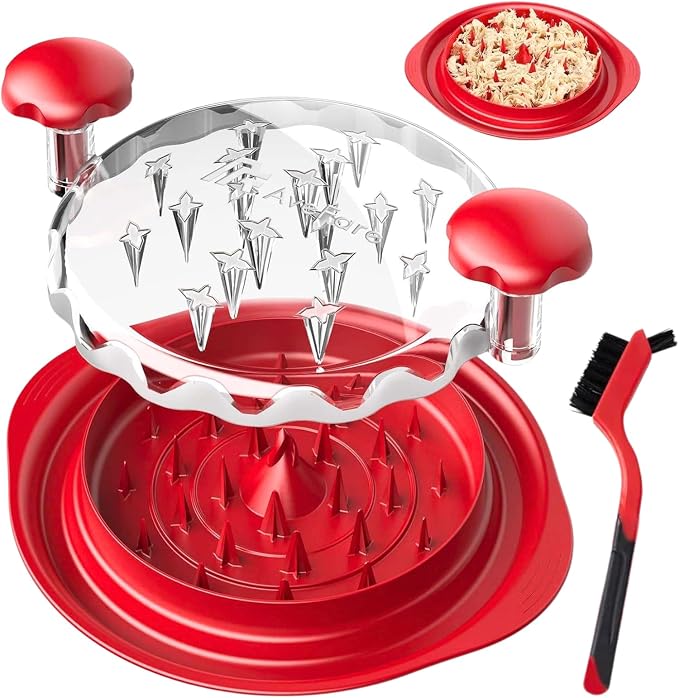 Chicken Shredder Tool Twist Large 10 Inch - Manual Chicken Breast Shredder, Clear Lid Meat Shredder Tool for Pork Beef, Non Slip Base, Easy Clean Dishwasher Safe (Cherry Red)