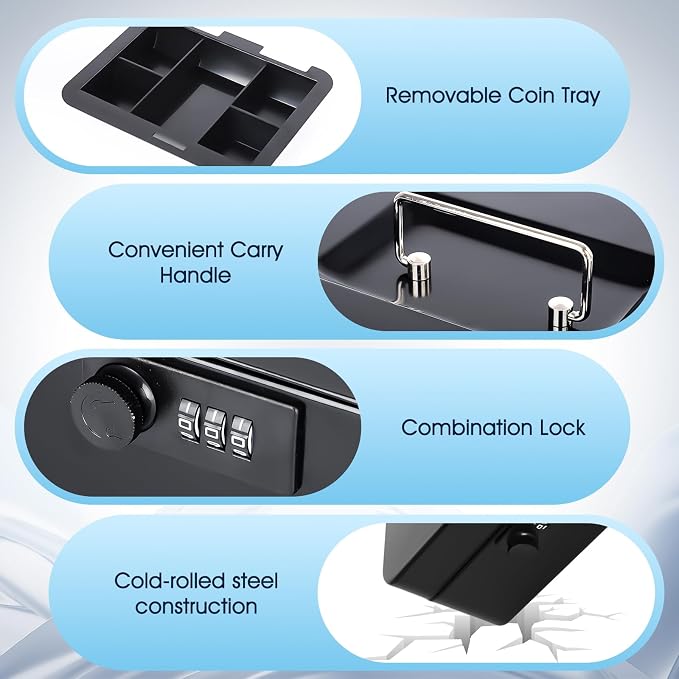 KYODOLED Metal Cash Box with Combination Lock & Money Tray - Secure Safe for Home, Office & Events, Ideal for Cash, Meds & Small Items, 7.87" x 6.30" x 3.35", Black, 2 Pack