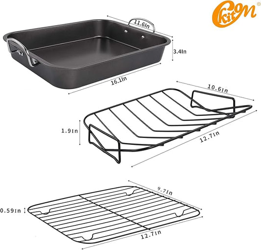 kitCom Nonstick Roasting Pan, Roaster with Rack - 16 Inch Rectangular Grill Suitable for Turkey, Roast Chicken, Ham, Dishwasher Safe (9.5QT)