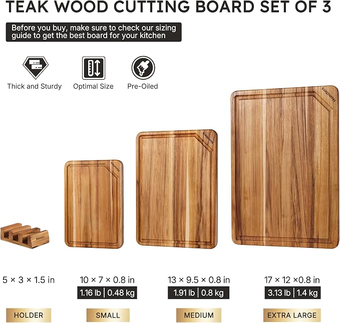 3 Pack Teak Wood Cutting Boards for Kitchen Wood Charcuterie Board Non Slip | Heavy Duty, with Holder, Non Toxic, Serving, Hardwood, Over Sink, Thick Wooden Chopping Board, Best Essential Gift, Fruit