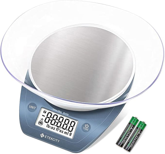 Etekcity 0.1g Food Scale, Bowl, Digital Grams and Ounces for Weight Loss, Dieting, Baking, Cooking, and Meal Prep, 11lb/5kg, Stainless Steel Prussian Blue | 11lb/5kg capacity with tare, removable bowl, ideal for baking, meal prep and portion control, S...