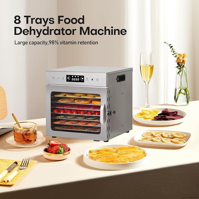 Panana Food Dehydrator for Jerky, Fruit, Meat, Beef, Herbs, 6/8/12/18-Tray Full Stainless Steel Dehydrator Machine, LED Display, Adjustable Timer, Temperature Control, Overheat Protection (8-Trays)