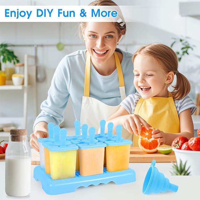 9 Cavities Popsicles Molds, Without BPA Popsicle Molds with Built-in Popsicle Stick, DIY Popsicle Molds with Cleaning Brush and Funnel