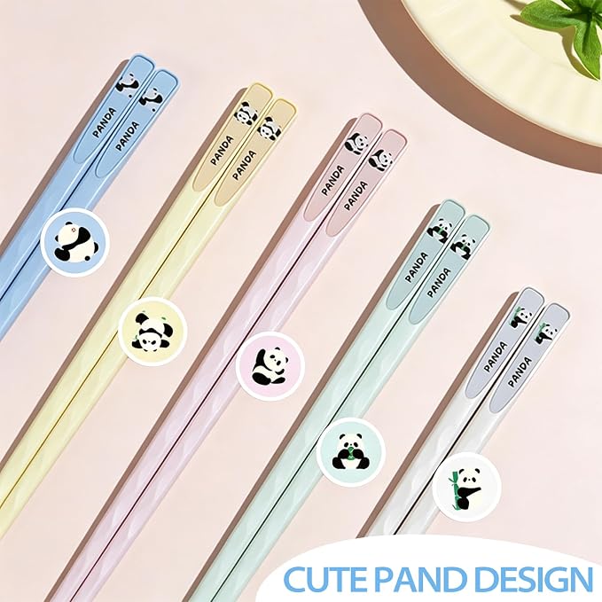 Cute Panda Fiberglass Chopsticks – Dishwasher Safe & Heat-Resistant, Non-Slip Matte Finish, 9.57” (24.3cm) Lightweight Reusable Chop Sticks, 5 Pairs