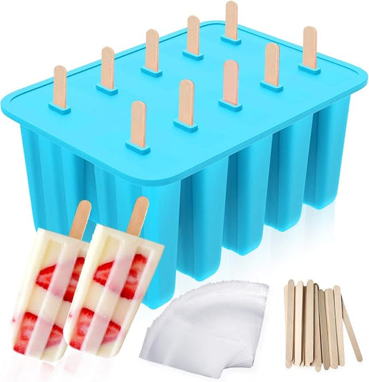 Ozera 10-Cavity Reusable Silicone Popsicle Molds, Easy Release Popsicle Maker Molds, Ice Pop Molds with 50 Sticks & 50 Bags