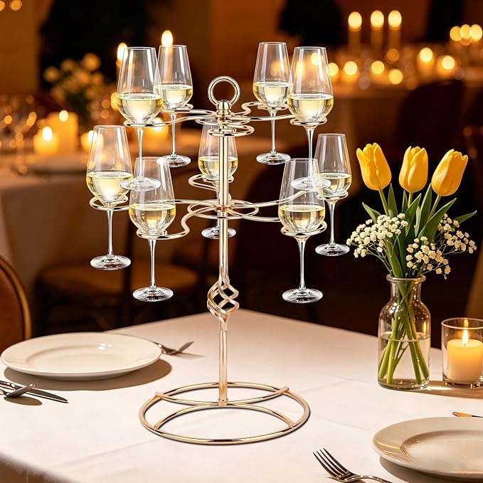 QPIX DIGITAL Wine Glass Rack 2 Tier 10 Holders Wine Glass Holder Stand, Elegant Rose Gold Cocktail Tree Stand Countertop Tabletop Stemware Rack for Home and Bar Storage,Easy Assembly