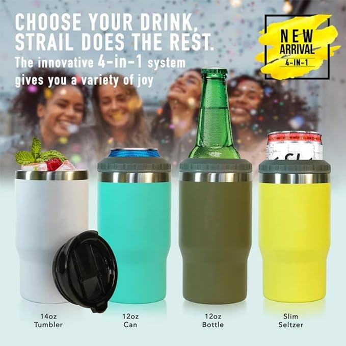 4 in 1 Stainless Steel Can/Bottle Insulator, 14oz Two-Way Lids SUS Insulated Can Cooler, Beer Bottle holder (Rose red)