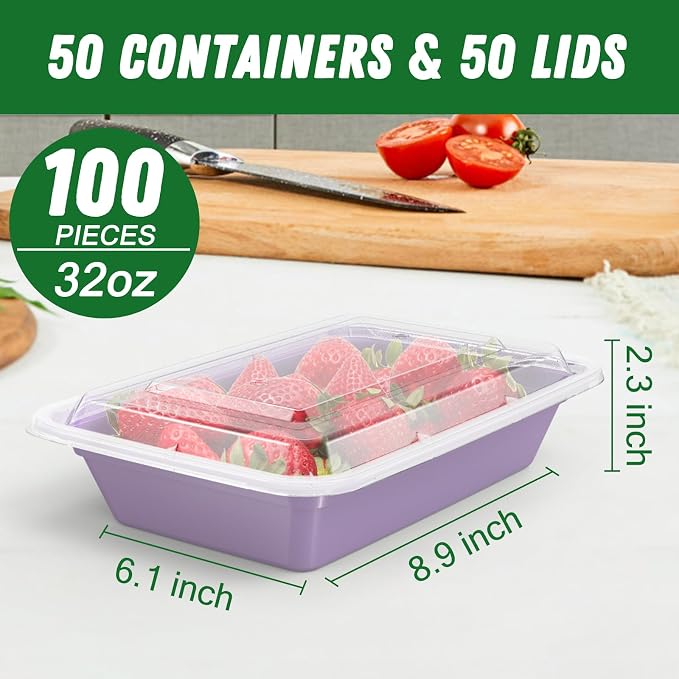 50 Pack (100-Piece) 32 oz Meal Prep Containers with Easy Open Lids, Lilac | Sturdy Leakproof & Food Safe, Microwave, Freezer, Dishwasher Safe Prep Containers, To Go Take Out Plastic Food Storage