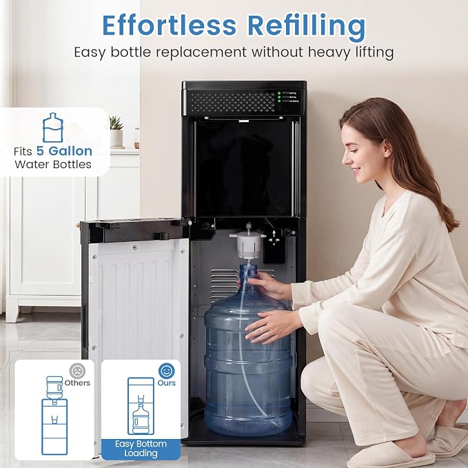 COSTWAY Water Dispenser with Ice Maker, 3 in 1 Bottom Loading Water Cooler for 5-Gal Bottle, Stainless Steel Hot and Cold Water Dispenser, 9 Cubes/7 Min, 33 LBS/24H Bullet Ice Cubes, Child Lock