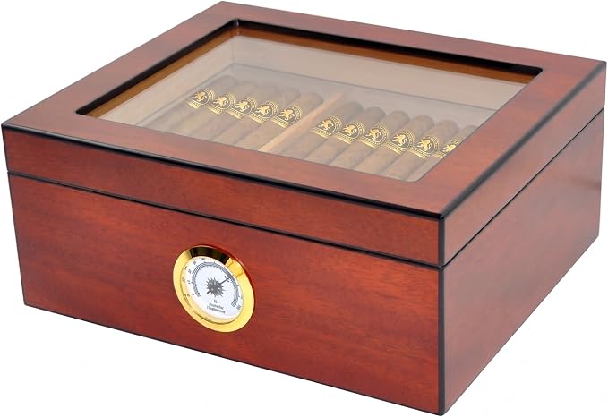 Premium Spanish Cedar Cigar Humidor – 25-50 Cuba Cigar Capacity, Sapele Cherry Finish Cigar Storage Box, Glass Top, Built-In Hygrometer & Humidifier – 10.25" W x 8.75" D x 4.5" H