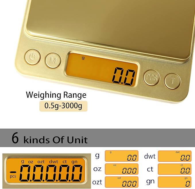 Fuzion Small Gram Scale 3000g, Digital Kitchen Food Scale, Gram and Ounce | Gold Titanium Mirror Finish, 0.1g Accuracy, 6 Modes, 2 Trays Included, Tare, Piece Counting, For Food, Coffee, Coins, Herb