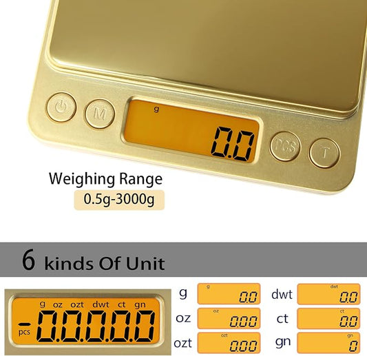 Fuzion Small Gram Scale 3000g, Digital Kitchen Food Scale, Gram and Ounce | Gold Titanium Mirror Finish, 0.1g Accuracy, 6 Modes, 2 Trays Included, Tare, Piece Counting, For Food, Coffee, Coins, Herb