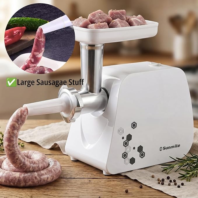 Sunmile Electric Meat Grinder and Sausage Maker - 1HP 1000W Max - Stainless Steel Cutting Blade and 3 Grinding Plates,1 Big Sausage Staff Maker, White