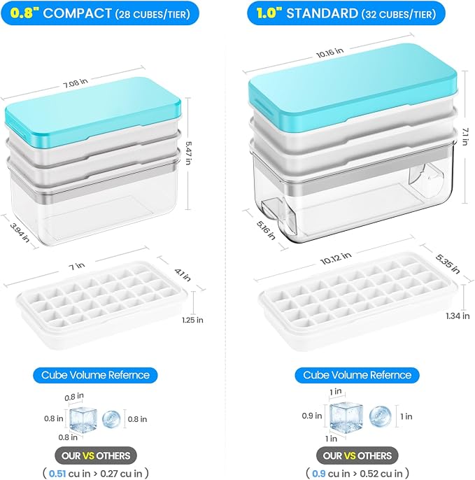 1.0" Ice Cube Tray with Lid and Bin, PHINOX 96 Cubes Ice Trays for Freezer, Ice Cube Trays for Freezer with 3 trays, Container, Lid & Ice Scoop, BPA Free, Blue(32Cubes/Tier)