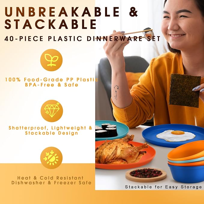 40 Piece Plastic Dinnerware Set for 8 with Cutlery, Unbreakable Plates and Bowls Set, Dishwasher & Microwave Safe Reusable Dish Set for Camping, RV, Outdoor Kitchen, Apartment Dining,Tropic Multicolor