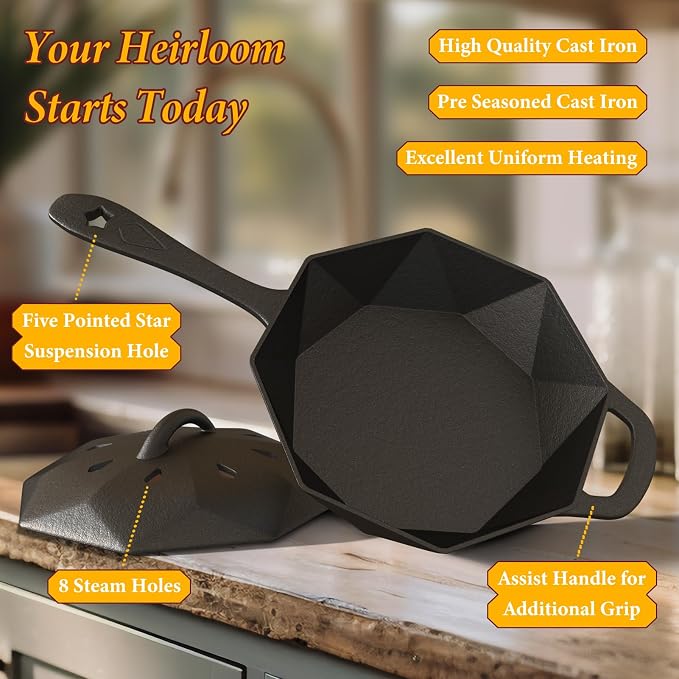 Cast Iron Skillet with Lid,Pre-seasone Mini Cast Iron Smoker Skillets & Egg Pan with Assist Handle, 6.5 Inch Octagonal Design Frying Pan for Searing, Baking, Grilling, Roasting (Skillet-1)