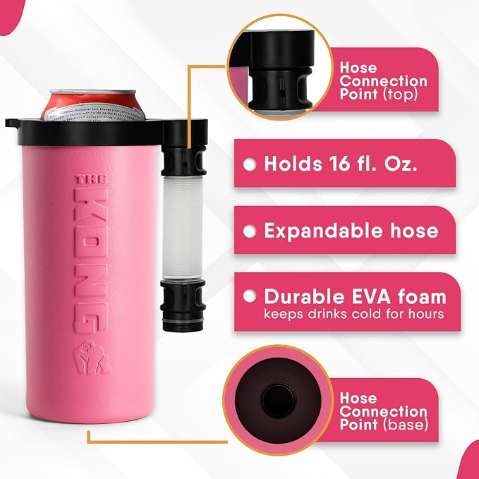 The Kong Skinny Can - Portable Coozie or Bottle Cooler/Cup With Detachable, Expandable, Hose To Funnel Your Drink (Pink)