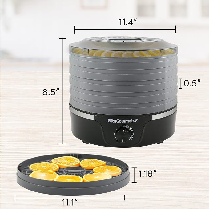 Elite Gourmet EFD319DKG Food Dehydrator, 5 BPA-Free 11.4" Trays, Black/Grey | Adjustable temperature controls - makes jerky, herbs, fruit & veggies into dried snacks - a handy meat & herb drying option