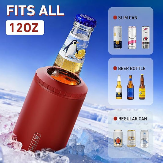 3 in 1 Slim Can Cooler for 12 OZ Skinny Can, Regular Can & Beer Bottle - Keep Cold for 6 Hours - Double Walled Insulated Stainless Steel Vacuum Beverage Can Insulator
