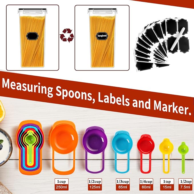 PRAKI 30 Pack Airtight Food Storage Containers for Organizers and Storage | Kitchen Storage Containers for Cereal Flour Sugar Storage, BPA Free, 5 Sizes, Container with 20 Labels, 6 Spoon & Marker