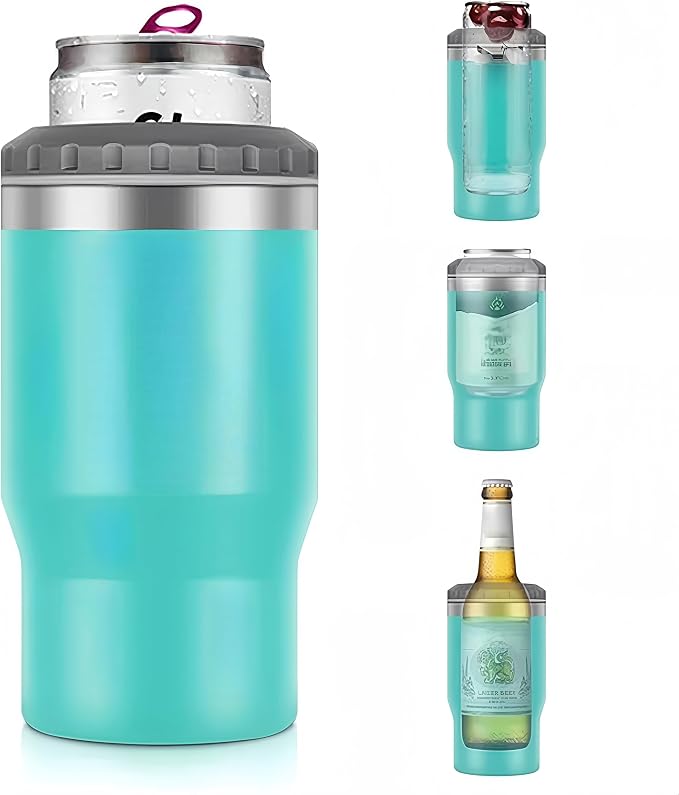 4 in 1 Stainless Steel Can/Bottle Insulator, 14oz Two-Way Lids SUS Insulated Can Cooler, Beer Bottle holder (Light blue)