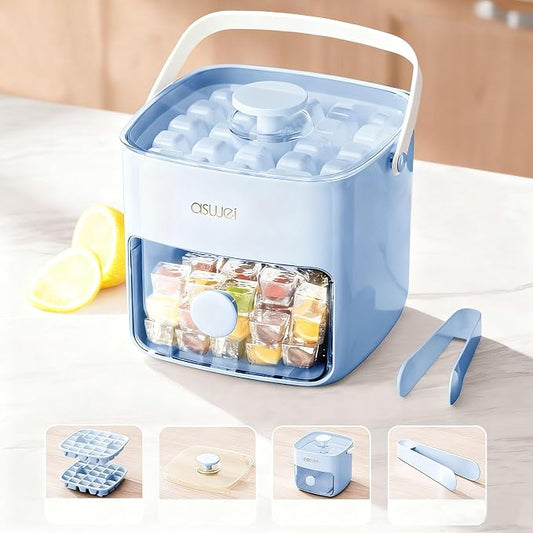 Ice Cube Tray for Freezer with Lid and Bin, Press Type Small Ice Cube Maker 48PCS with Storage Box Tongs, Stackable BPA-Free Silicone Ice Cube Trays for Small Freezer RV Coffee Cocktail Blue