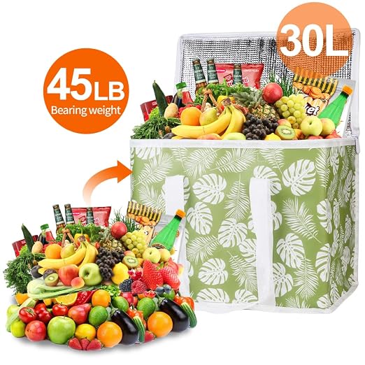 Bodaon 2-Pack Insulated Reusable Grocery Shopping Bags, X-Large Picnic Cooler Bag with Zipper Zippered Top Cold, Green-Leaf | Secure Zippered Top Warmer, Heavy Duty Insulated Food Delivery Bag, For Commercial Catering Rideshare Driver/Picnic, Foldable