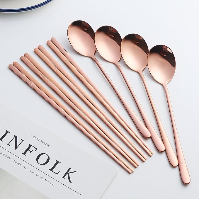 Buyer Star 4 Set Spoon Chopsticks, Rose Gold Reusable Metal Stainless Steel Korean Chopstix Spoon Set