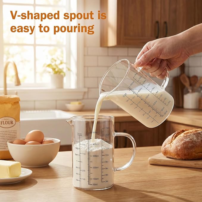 Graduated Glass Measuring Cup With Handle 500ML (16Oz, 2Cups) | High Borosilicate Liquid Measuring Cup for Baking Cooking Kitchen V-Shaped Spout Glass Measuring Beaker Easy To Read