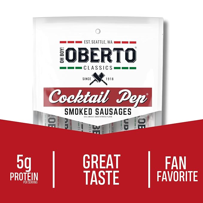 Oberto Classics Cocktail Pep Smoked Sausage, Oh Boy! Oberto Beef & Pork Sausage Meat Stick, Peperoni Style Protein Snacks, 0.8 Ounce (Pack of 12)