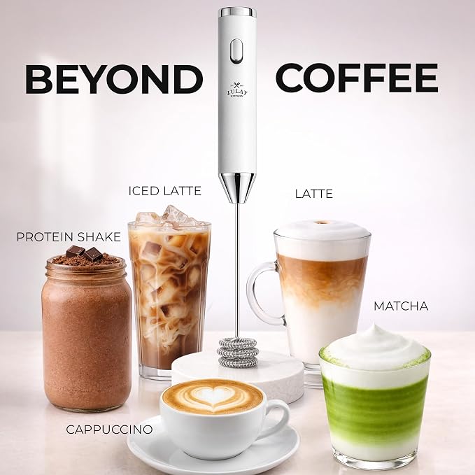 Zulay Kitchen Rechargeable Milk Frother Handheld - Frother Wand, Drink Mixer, Electric Whisk Frother, for Cappuccinos, Matcha & Protein Powder - Ultra Metal 3 Whisk, 1800mAh White