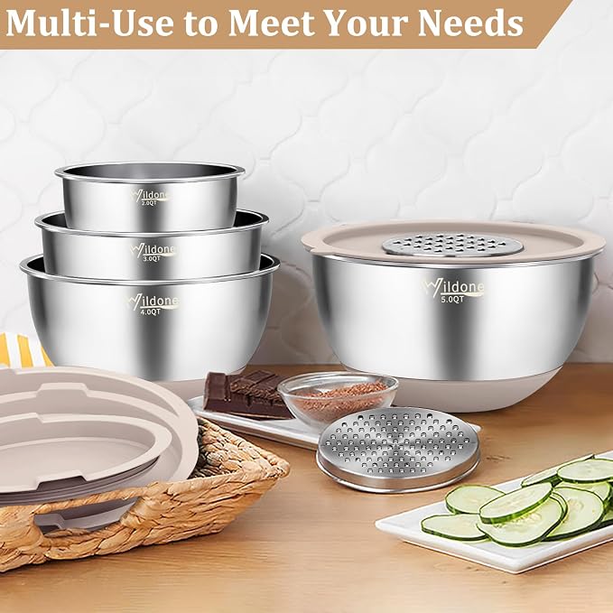 Wildone Mixing Bowls with Airtight Lids, 27 PCS Stainless Steel Nesting Bowls, with 3 Grater Attachments, Scale Mark & Non-Slip Bottom, Size 5, 4, 3, 2, 1.5, 1, 0.63QT, Ideal for Mixing & Prepping | Metal Bowls with 3 Grater Attachments, Non-Slip Botto...