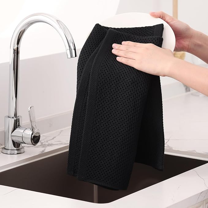 Homaxy 100% Cotton Oversized Waffle Weave Kitchen Towels, 7-Pack, Black | 20 x 28 Inches, Ultra Soft Absorbent Dish Towels, Quick Drying Large Cleaning Towels