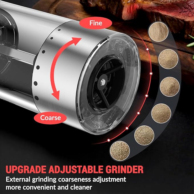 Electric Salt and Pepper Grinder Set with External Coarseness Adjustment, 95ml Large Capacity Automatic Pepper Mill, USB-C Charging Base with LED Light, Stainless Steel Spice Grinder, 2-Piece Set