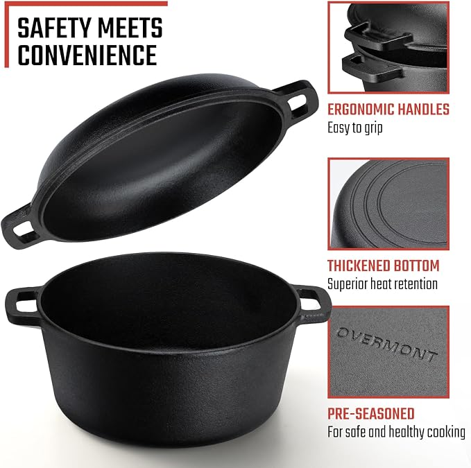 Overmont 5QT Double Dutch Oven - 2-in-1 Pre-Seasoned Cast Iron Pot & Recipe | Skillet Lid Doubles as Frying Pan, Heavy Duty Cast Iron Pot with Handle Covers, for Sourdough Baking Frying Outdoor Camping