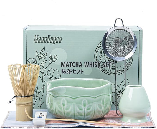 Matcha Whisk Bowl Set, 7PCS All-in-One Japanese Tea Set Includes Matcha Bowl with Spout, Bamboo Whisk (Chasen) with Stand, Scoop, Sifter, Complete Kit for Ceremony, Gift for Matcha Tea Lovers（Green)