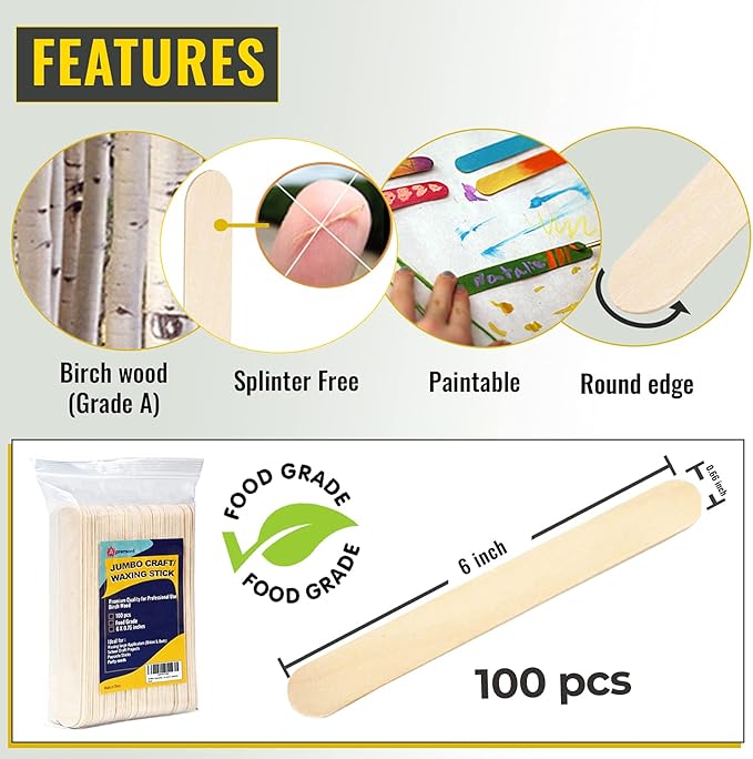 Apremont 100 Piece 6 Inch Large Jumbo Wooden Craft Sticks, Premium Natural Organic Wood for Waxing, Craft Project, Tongue Depressor, Popsicle, Ice Cream Stick,Woodcraft, Paint Stirrer and Art