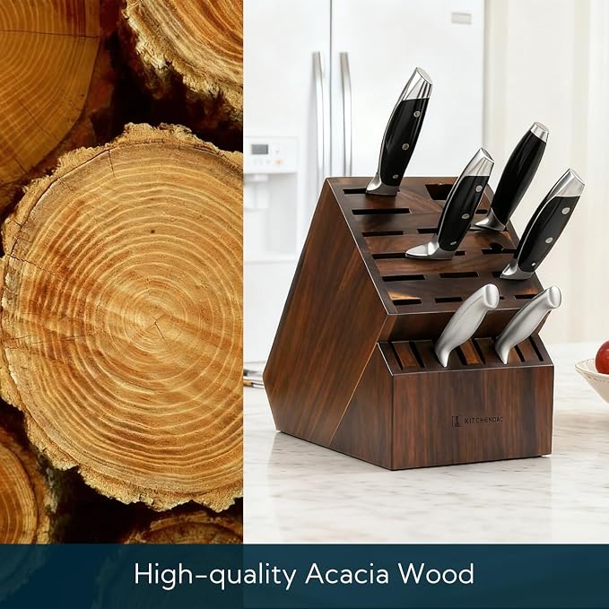 KITCHENDAO 25 Slot Acacia Wood Knife Block without Knives, Large Universal Knife Holder for Kitchen, Holding Multiple Types of Knives, Countertop Butcher Block Knife Stand for Easy Kitchen Storage