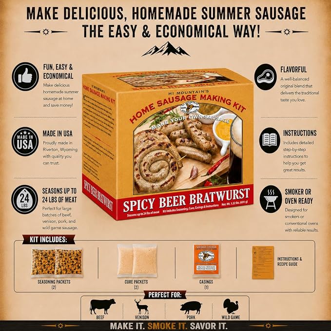 Hi Mountain SPCIY BEER BRATWURST Kit | Makes up to 24 lbs | Complete bratwurst seasoning kit with cure, natural hog casings & directions. Perfect for pork, beef, venison, deer, & elk