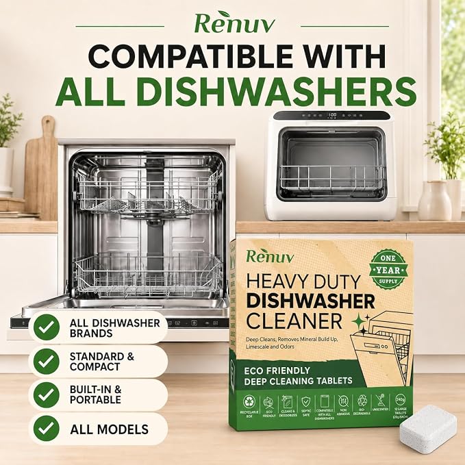 Renuv® Dishwasher Cleaner + Coffee Maker Cleaner Bundle, 12 Tablets Each | Heavy Duty Kitchen Appliance, Deep Cleaning, Descaling and Deodorizing