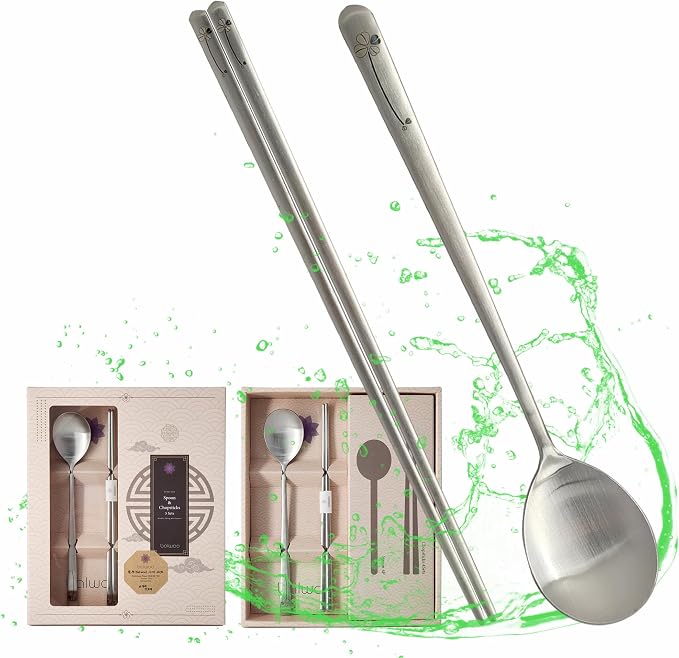 [5 Sets] [Made in Korea] Korean Sticky Rice Spoon Chopsticks Set Gold Titanium Plating 304 Stainless Steel Tableware Cutlery Set Mukbang Chopsticks (Four-leaf Clover, 5 Sets)