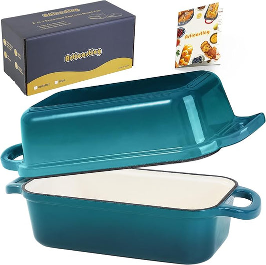 Cast Iron Loaf Pan With Lid, Enameled Bread Loaf Pan For Homemade Bread Sourdough, 2 In 1 Loaf Pans For Baking Bread 9x5, Even Heating Bread Dutch Oven, Teal