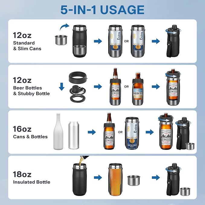 5 In 1 Beer Can Cooler Bottle Holder with Drinking Spout Lid for 12oz Regular, Slim Skinny Cans Bottles,Sealed Insulated Double Wall Vacuum Stainless Steel Can Keeps Your Drinks Cold(Black)