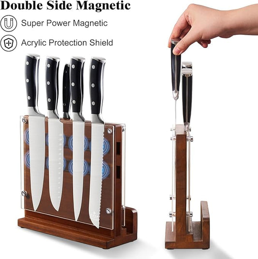 ENOKING Magnetic Knife Block with Acrylic Shield, Double Side Kitchen Knife Holder without Knives- Acacia Wood Universal Knife Storage Organizer with Powerful Magnet for Kitchen Counter
